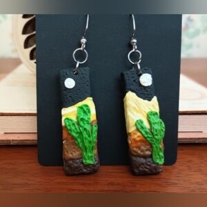 Polymer Clay Nightscape Desert Cactus Earrings – Handmade Artisan Jewelry